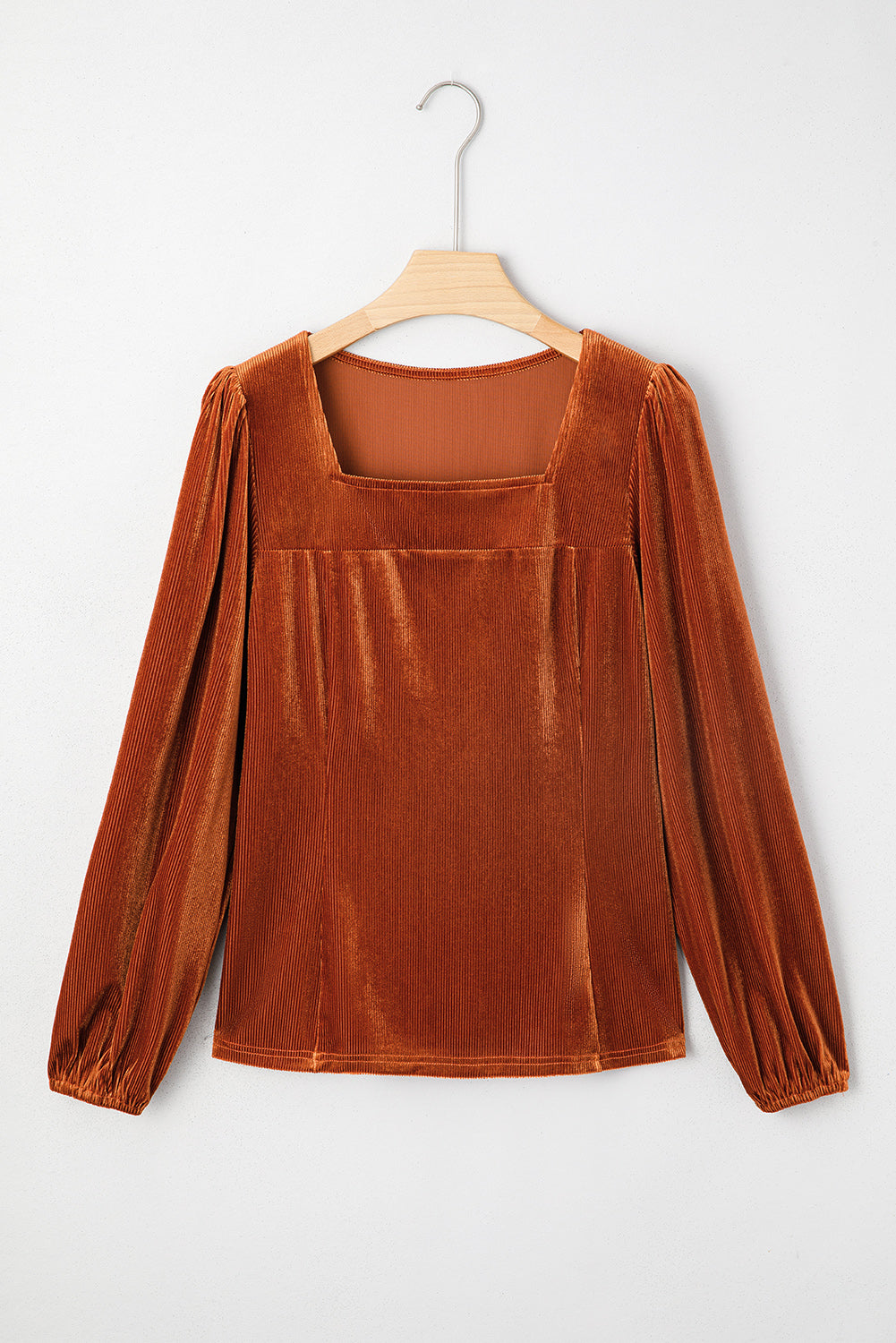 Clay Velvet Ribbed Texture Square Neck Slim Puff Sleeve Top