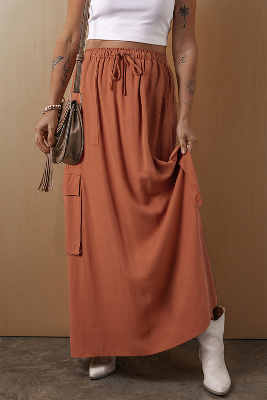 Chestnut Cargo Pocket Drawstring Waist Maxi Skirt