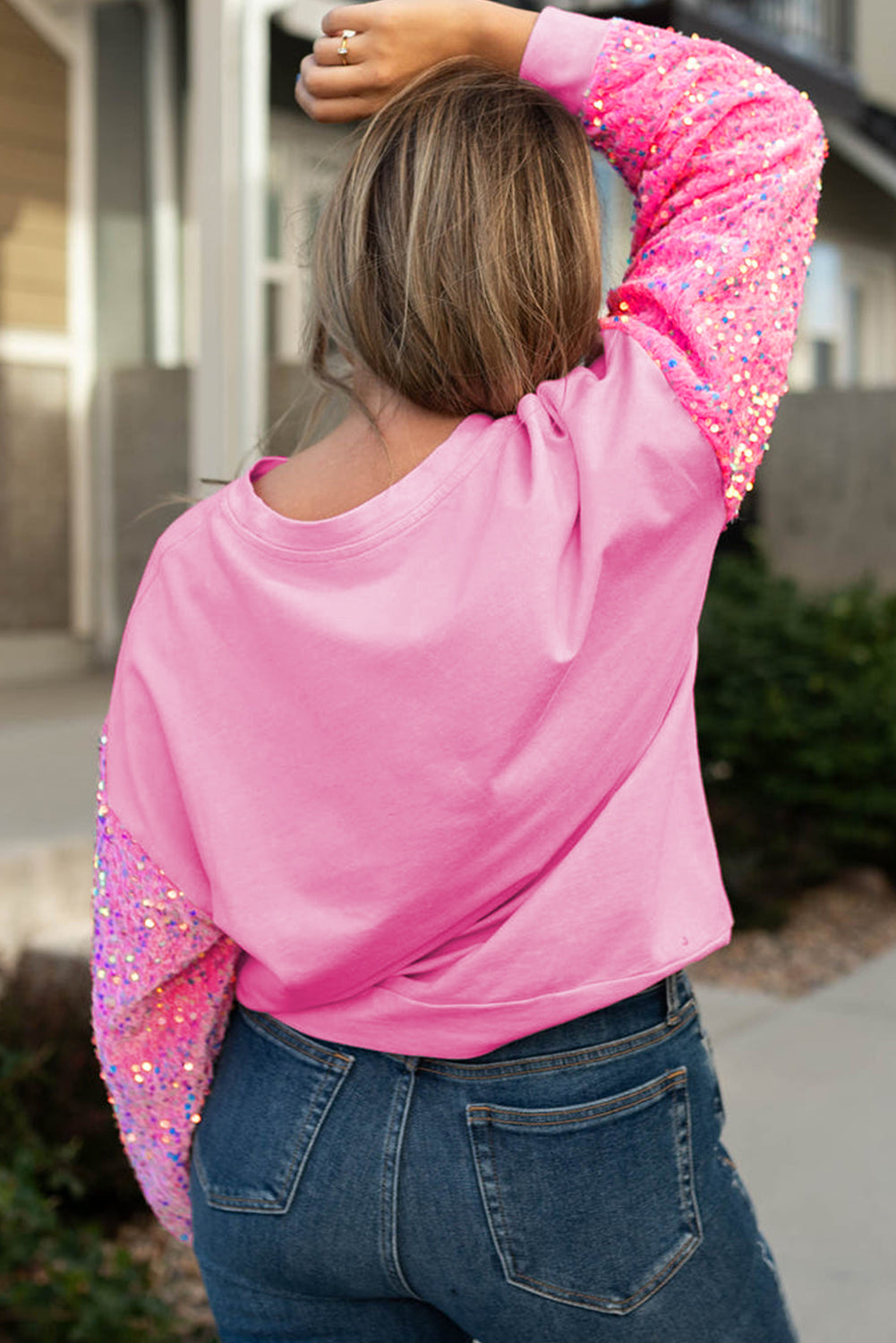 Pink Plus Size Sequin Sleeve Drop Shoulder Sweatshirt