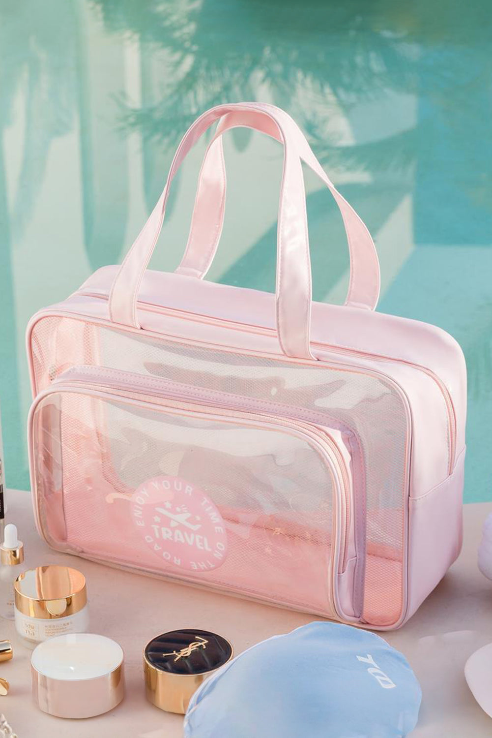 Pink Waterproof Multi Pockets Transparent Travel Makeup Bag