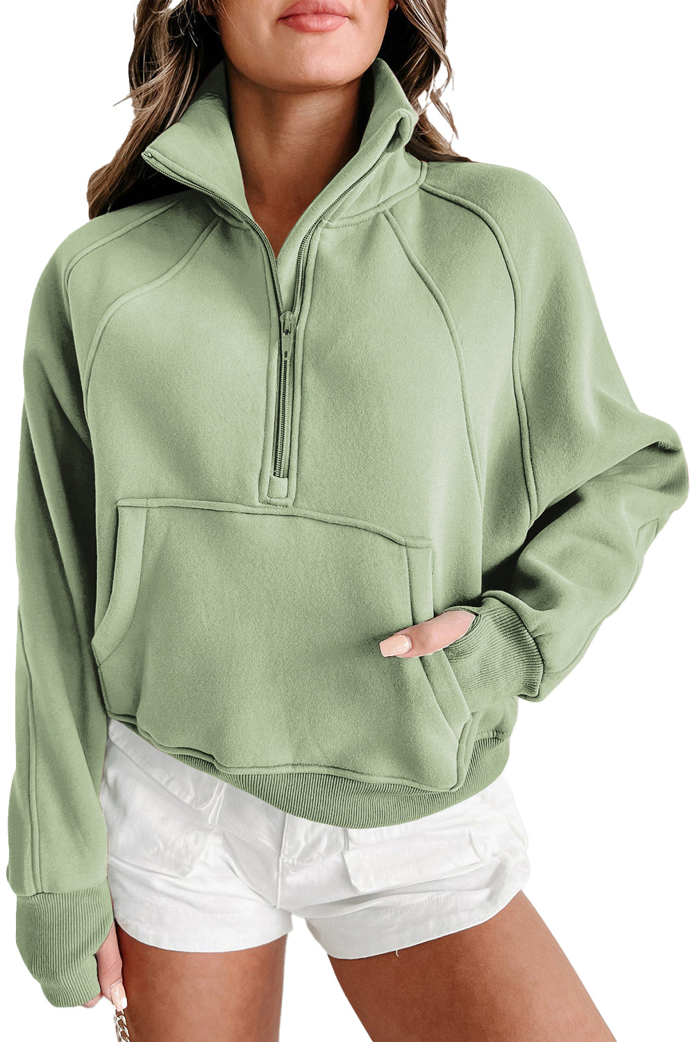 Smoke Green Fleece Lined Zip Up Stand Collar Thumbhole Sleeve Sweatshirt