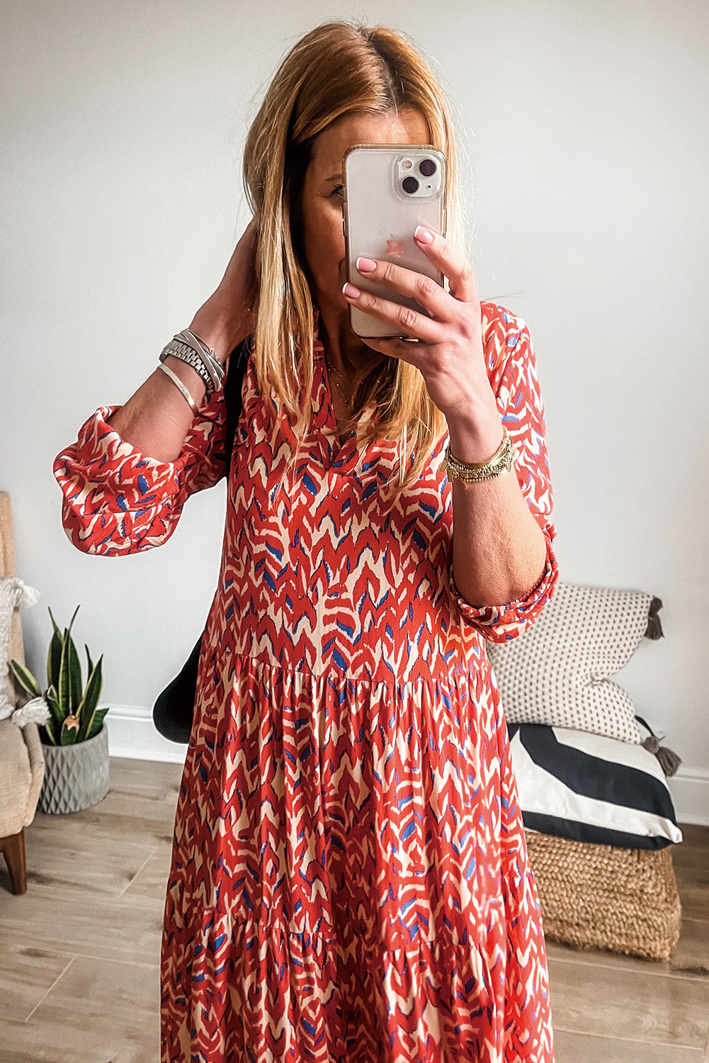 Orange Abstract Print V Neck Pleated High Waist Midi Dress