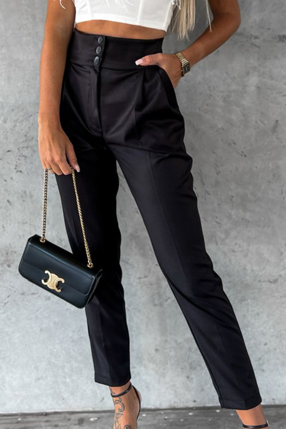 Black Button High Waist Tapered Pants