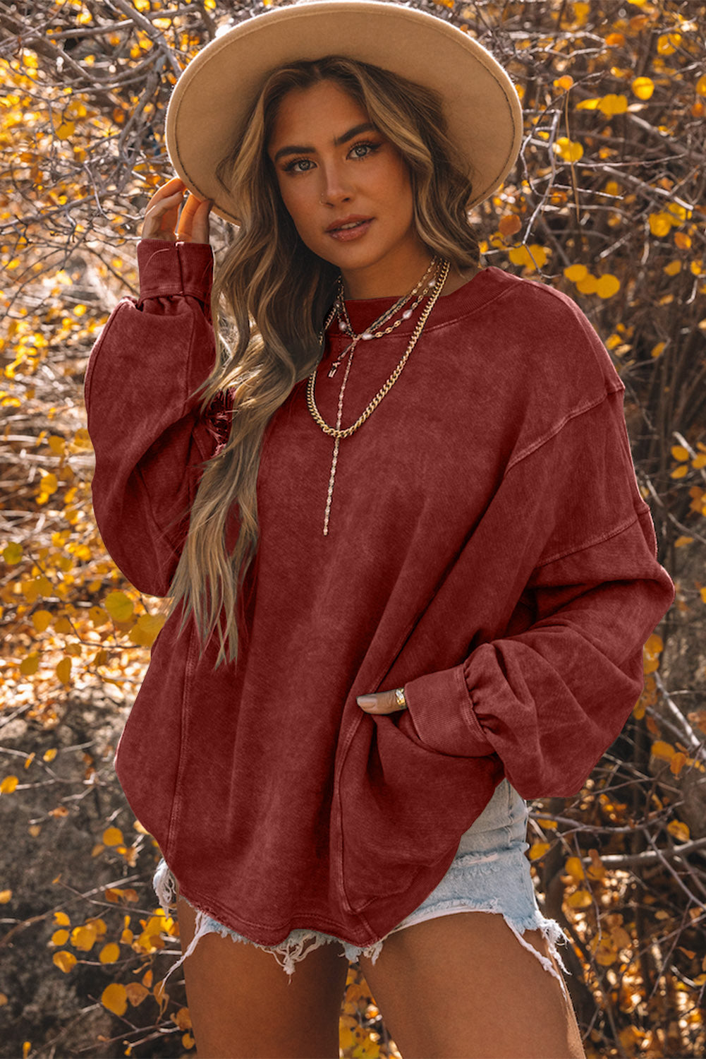 Fiery Red Exposed Seam Twist Open Back Oversized Sweatshirt