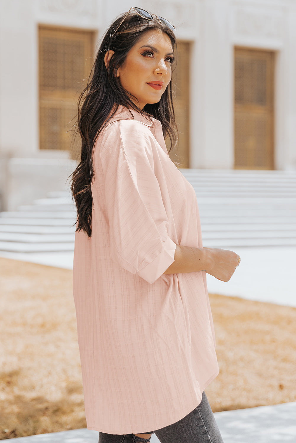 Pink Button Front Dolman Sleeves Shirt