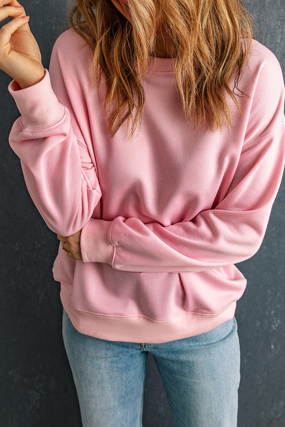 Pink Plain Crew Neck Pullover Sweatshirt