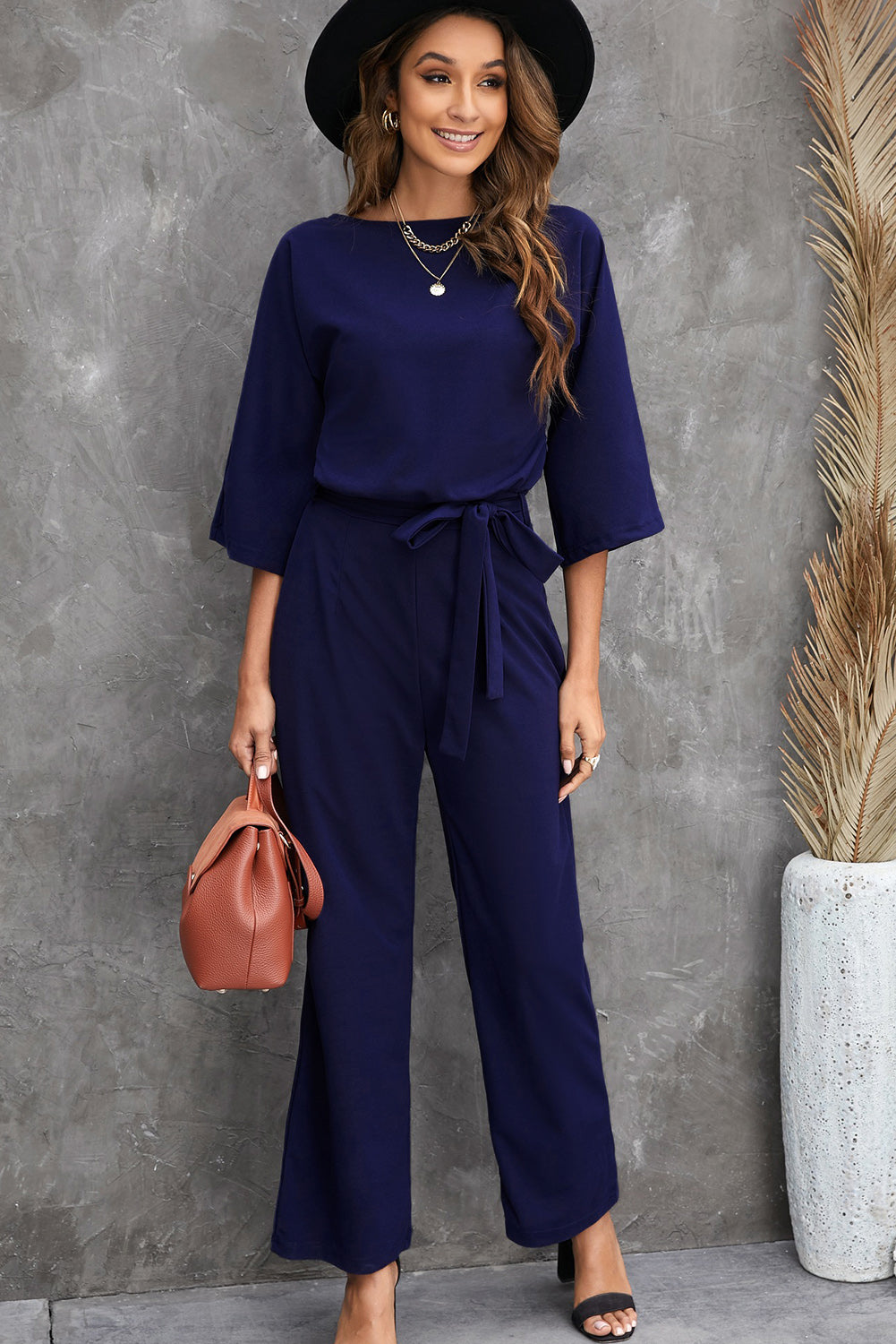 Blue Bracelet Sleeve Waist Tie Wide Leg Jumpsuit