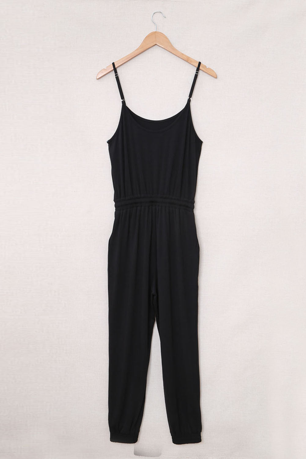 Black Drawstring Waist Spaghetti Straps Jumpsuit