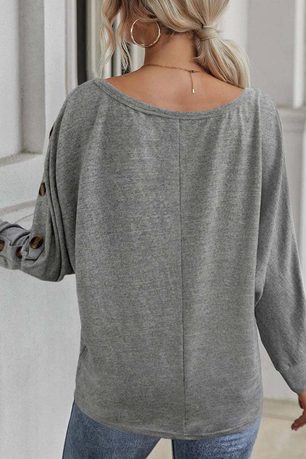 Gray Solid Color Button Decor Dolman Sleeve Top