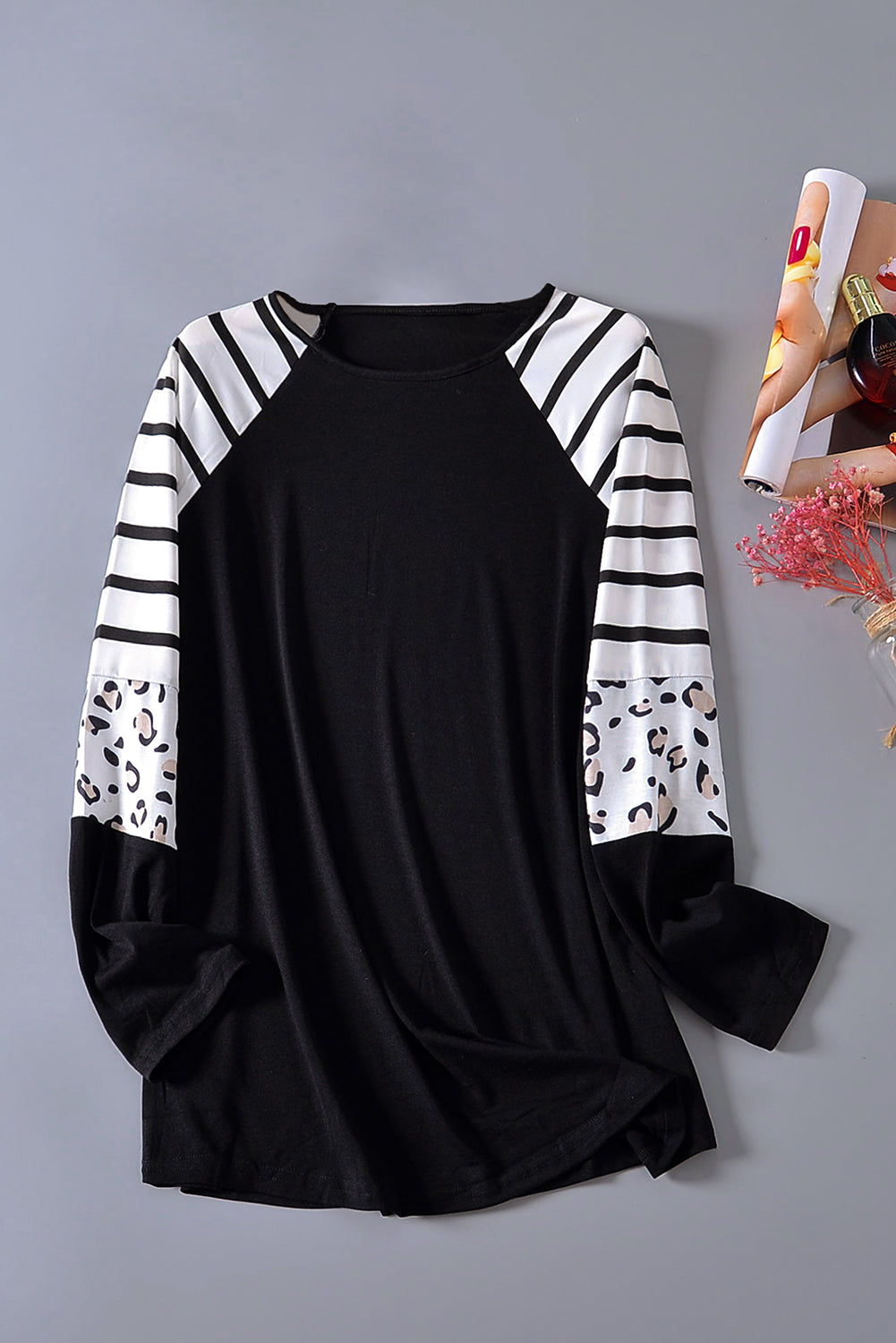 Black Striped Animal Print Colorblock Long Sleeve Top