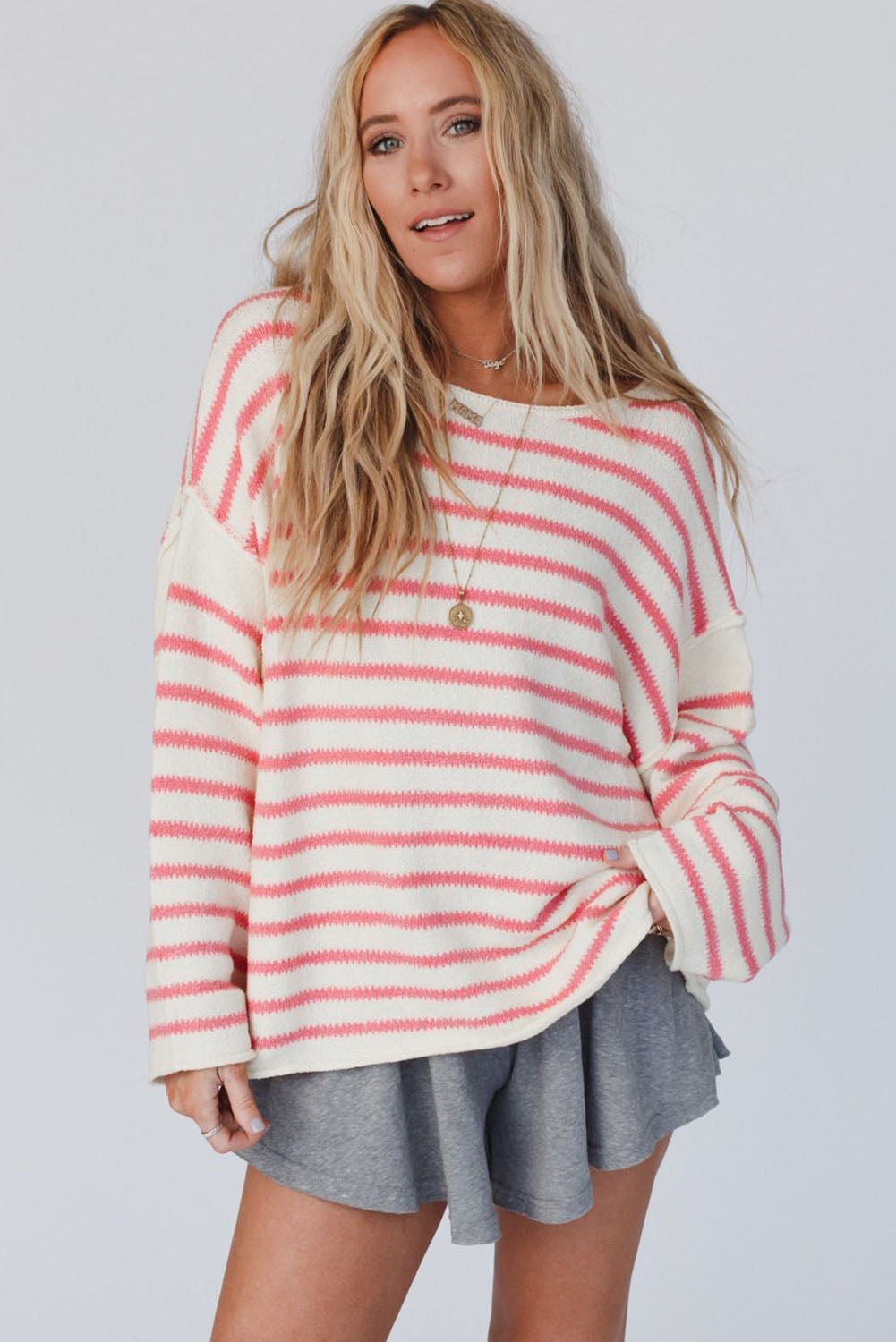 Pink Striped Drop Shoulder Oversized Sweater