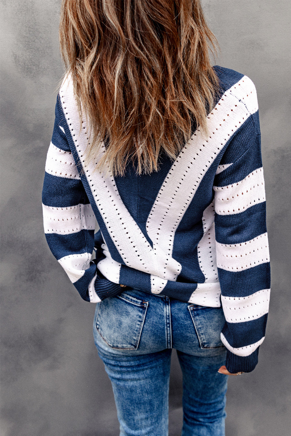 Blue Striped Colorblock V Neck Knitted Sweater