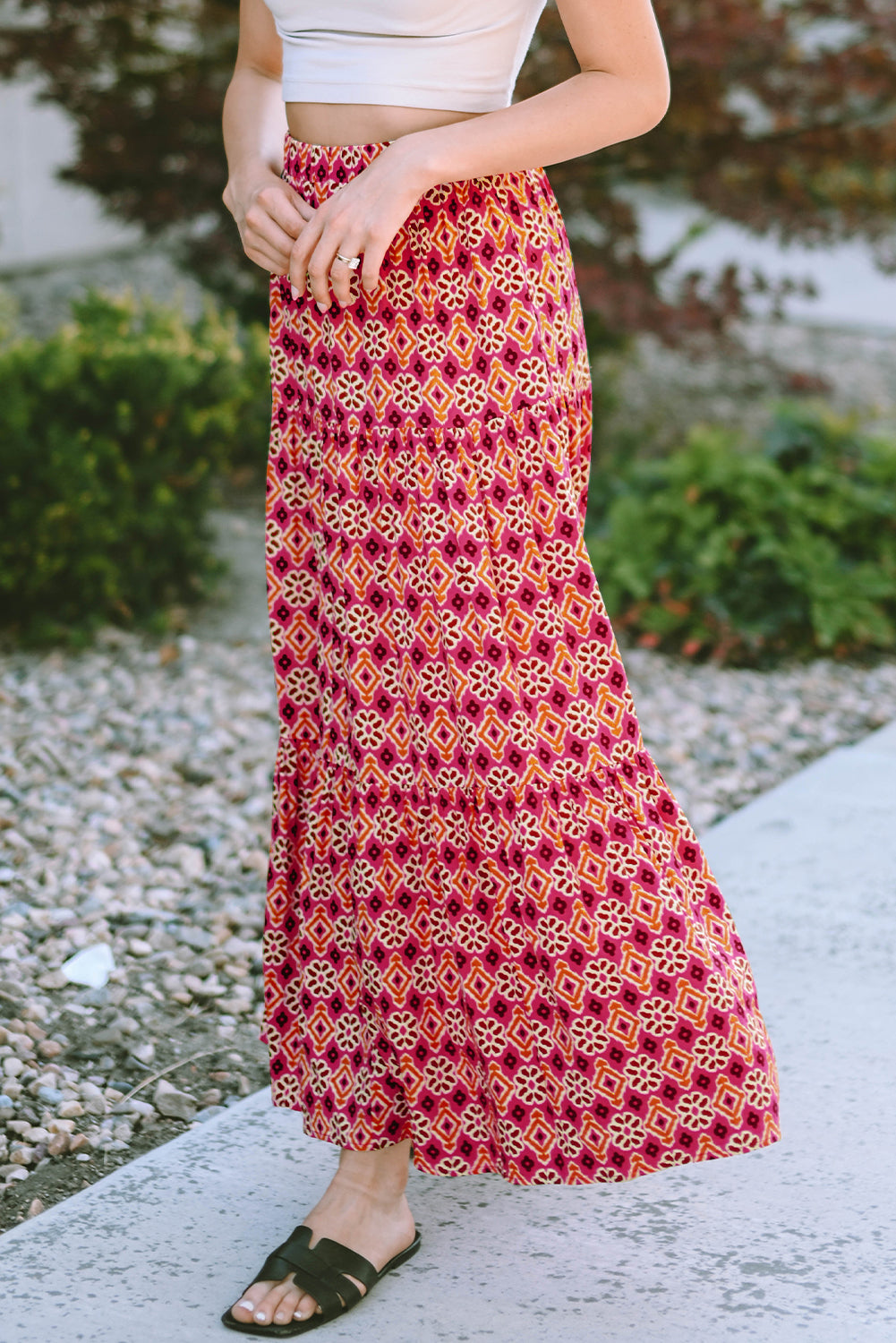 Rose Vintage Boho Floral Print Tiered Maxi Skirt