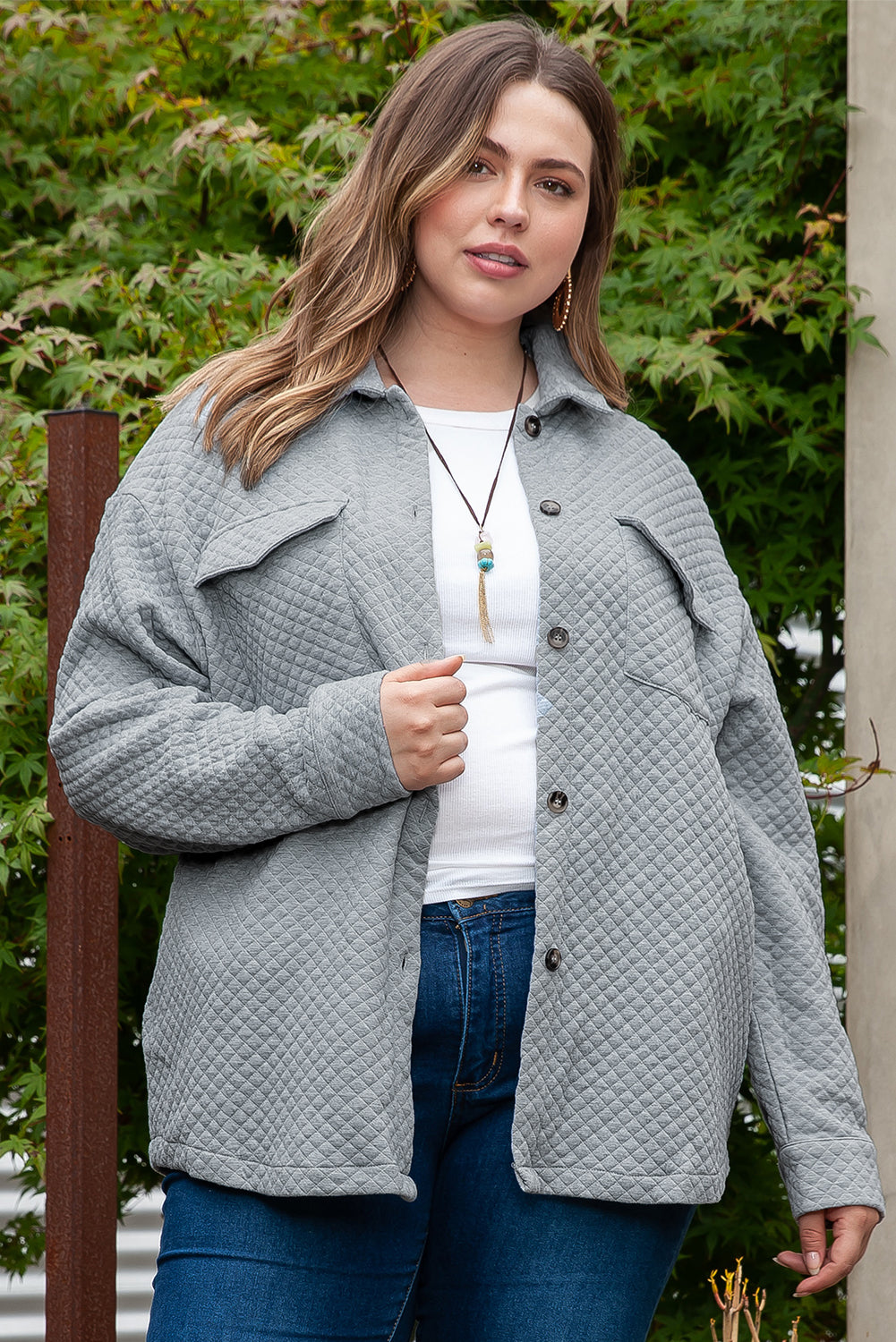 Gray Plus Size Quilted Pattern Shacket