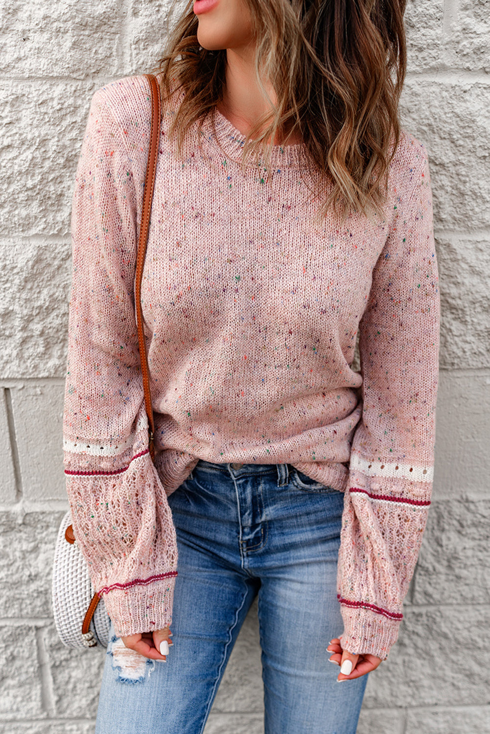 Pink Pilling Detail Patterned Sleeve Sweater