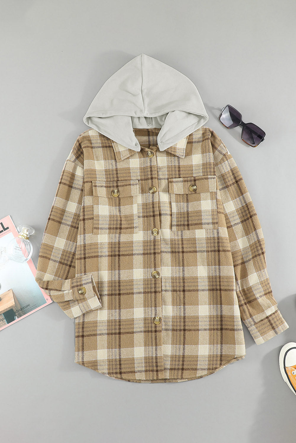 Khaki Plaid Shirt Hooded Jacket