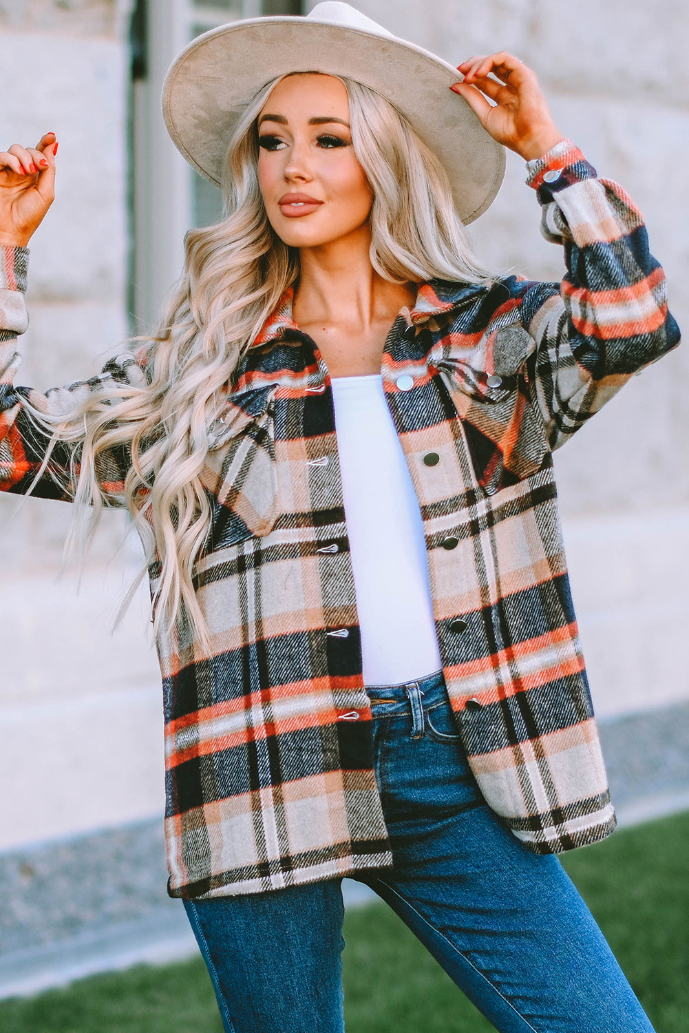 Khaki Geometric Plaid Print Pocketed Shacket