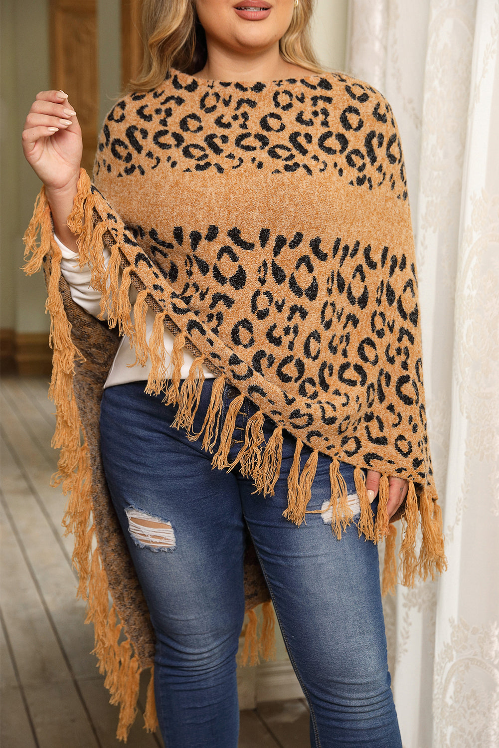 Leopard Plus Size Tasseled Hem Draped Poncho