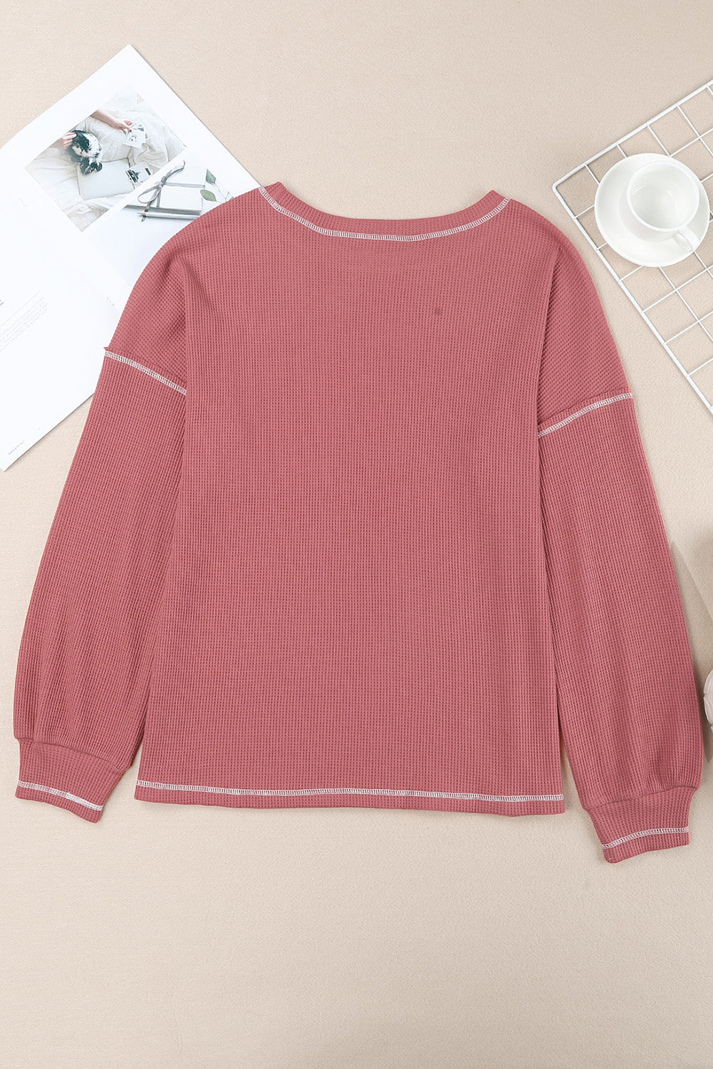 Contrast Stitching Trim Waffle Knit Pullover