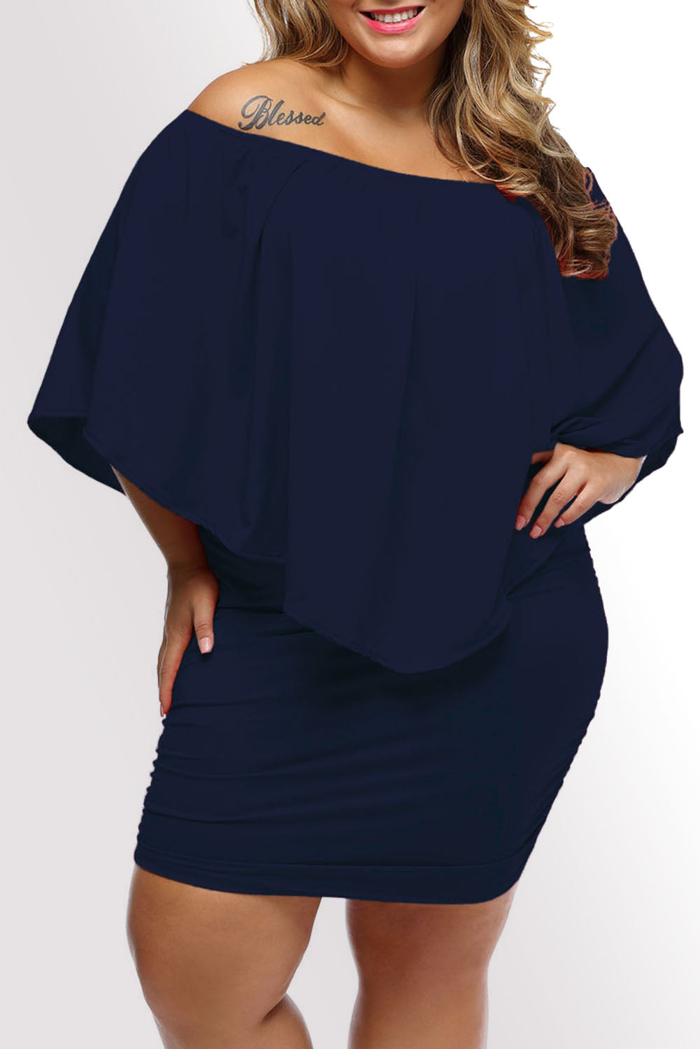 Plus size  Dressing Layered Dark Blue Mini Poncho Dress