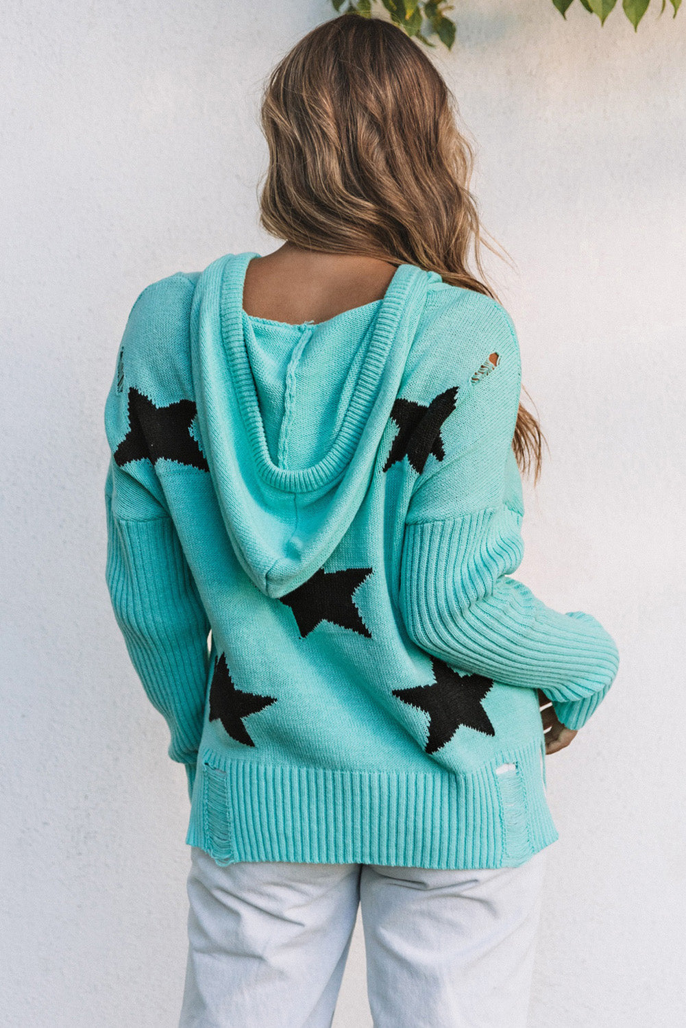 Green V Neck Star Pattern Hooded Sweater with Slits