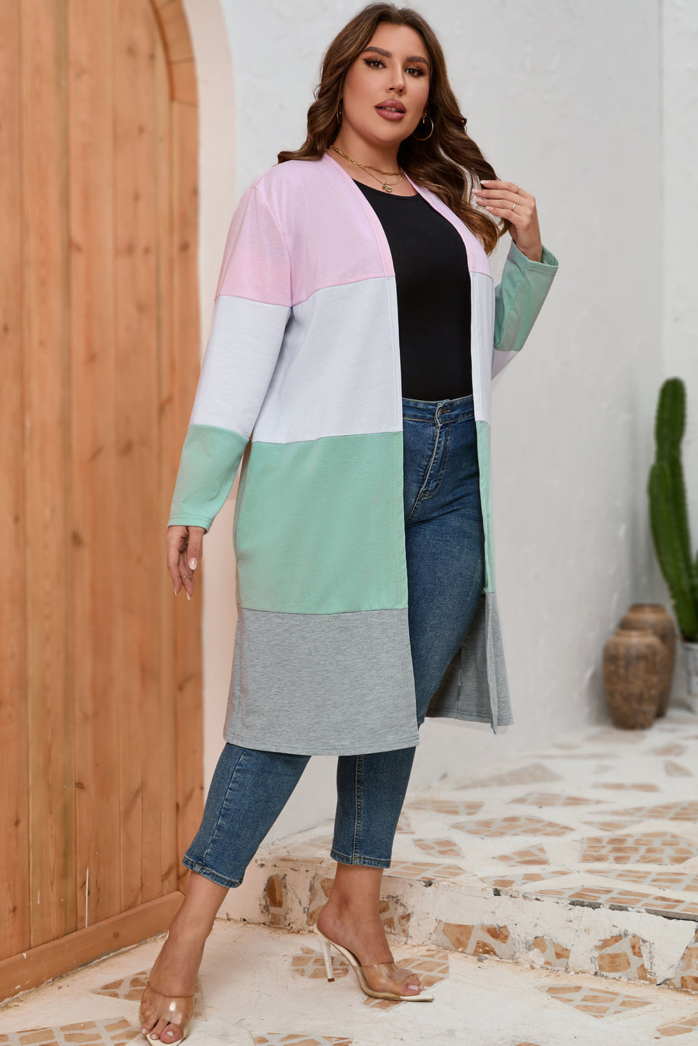 Pink Plus Size Colorblock Open Front Cardigan