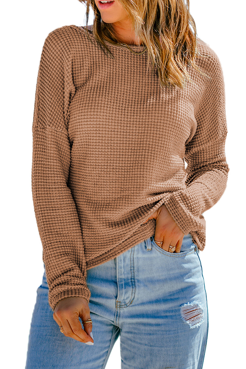 Khaki Waffle Knit Drop Shoulder Long Sleeve Top