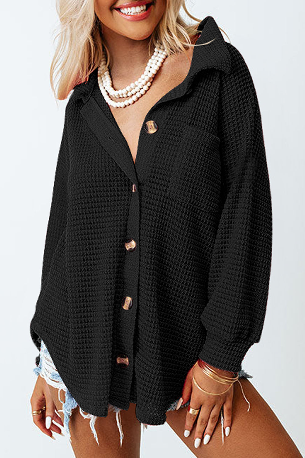 Black Waffle Knit Button Up Casual Shirt