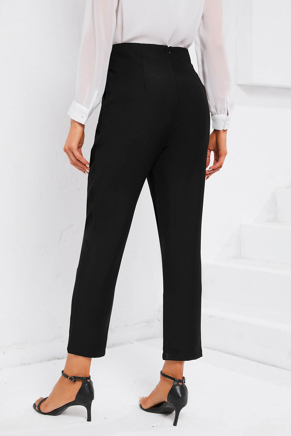 Black Double Breasted Pleated Casual Cropped Pants