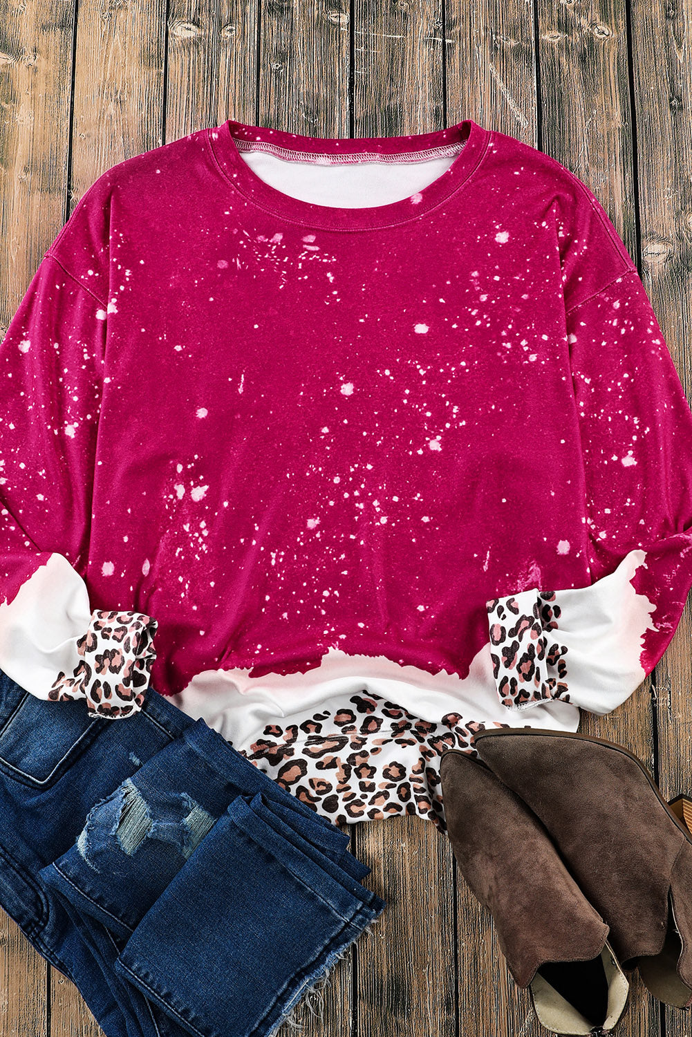 Fiery Red Leopard Bleached Pullover Sweatshirt