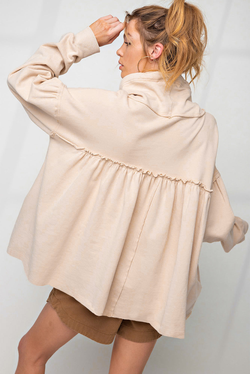 Beige Frill Exposed Seam Cowl Neck Oversized Sweatshirt