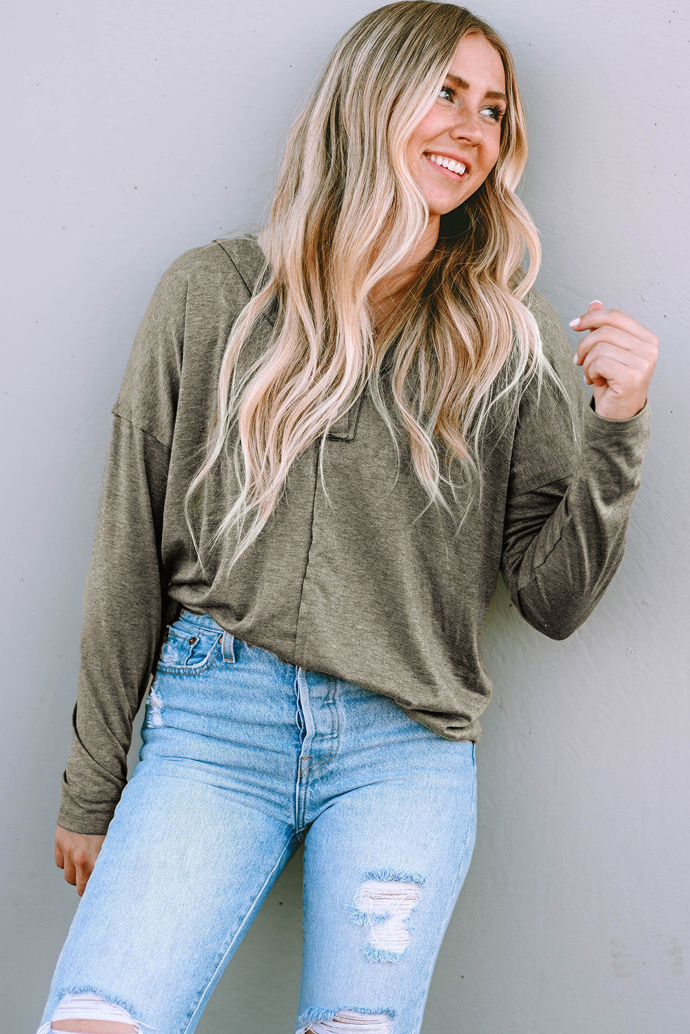 Khaki Long Sleeve V-Neck Stitching Henley Top