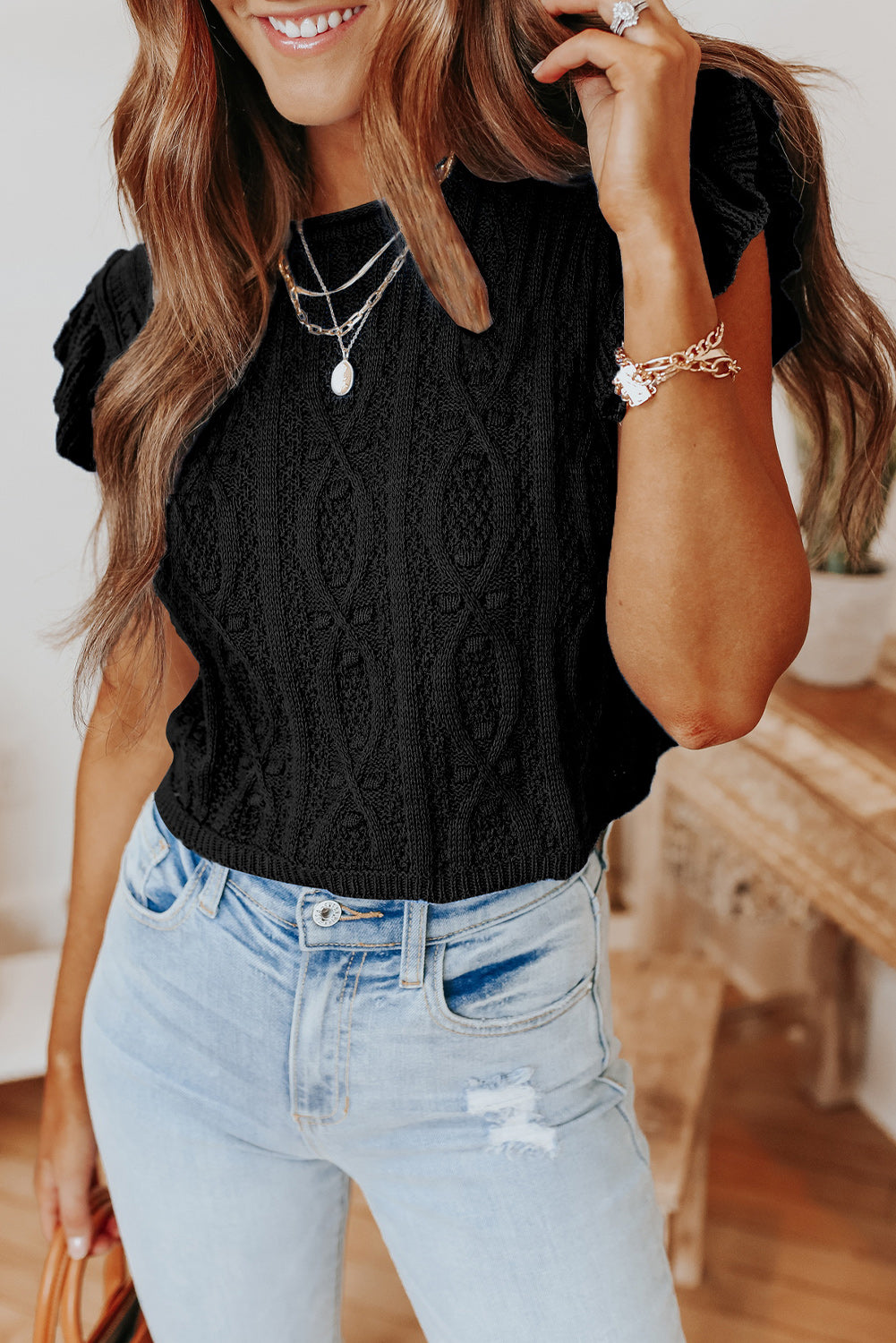 Black Ruffle Sleeve Cable Knit Top