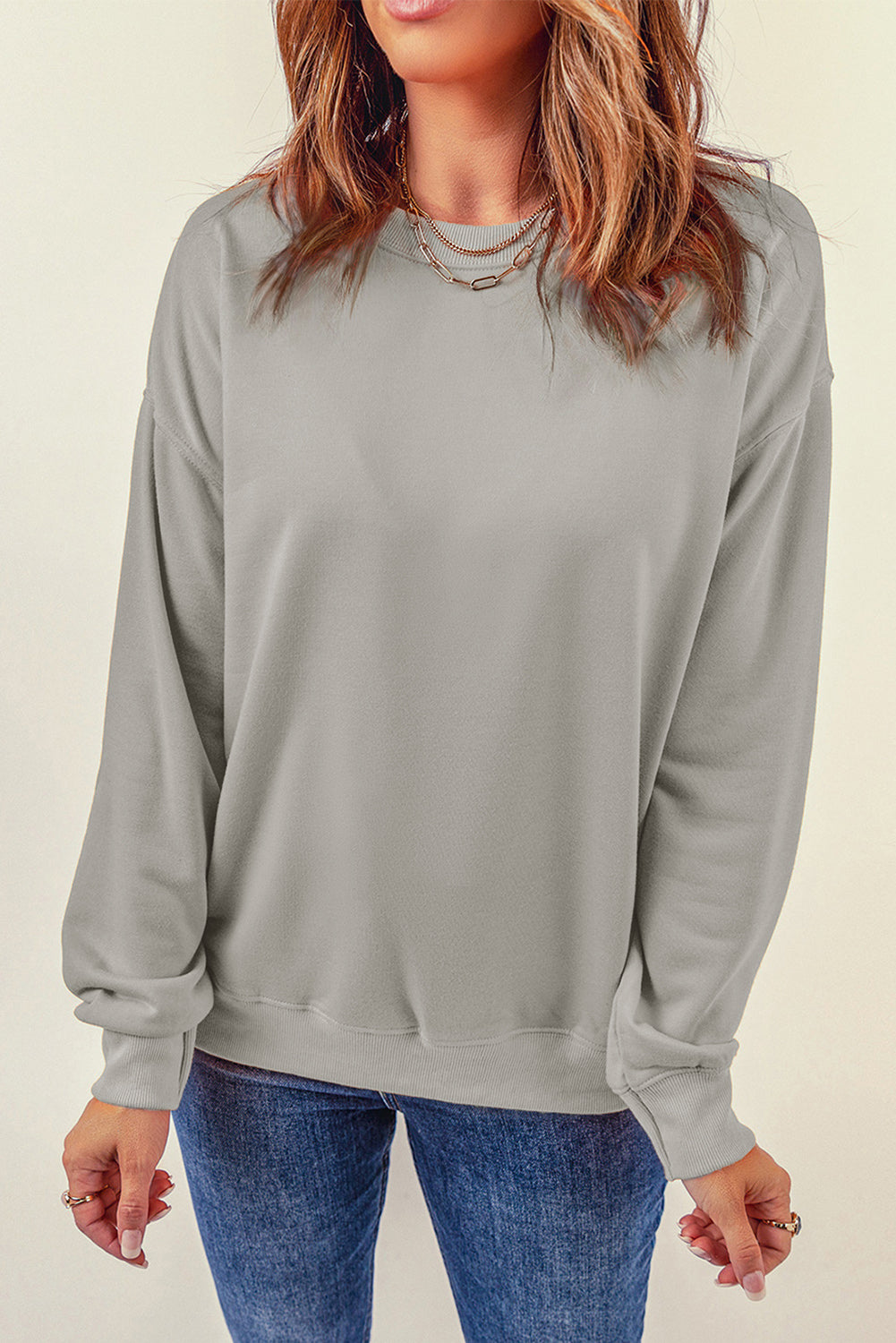 Gray Plain Crew Neck Pullover Sweatshirt