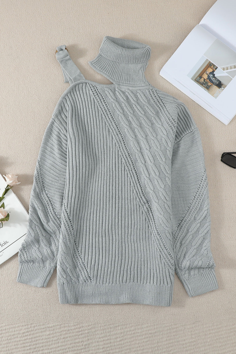 Gray Strapped Cut out Shoulder Turtleneck Sweater