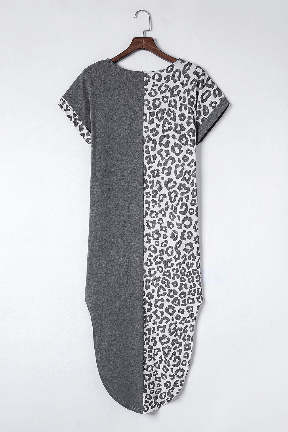 Gray Contrast Solid Leopard Short Sleeve T-shirt Dress with Slits