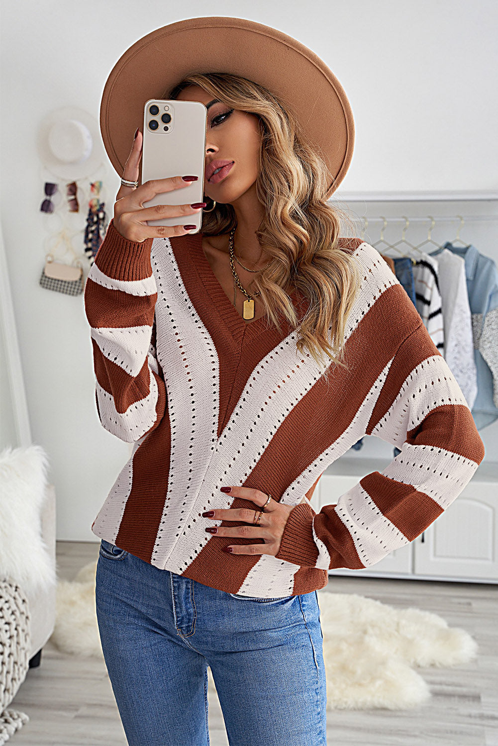 Brown Striped Colorblock V Neck Knitted Sweater