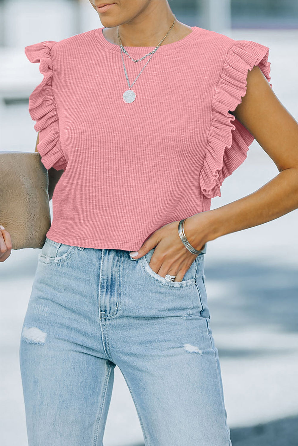 Pink Ruffled Crew Neck Crop Top