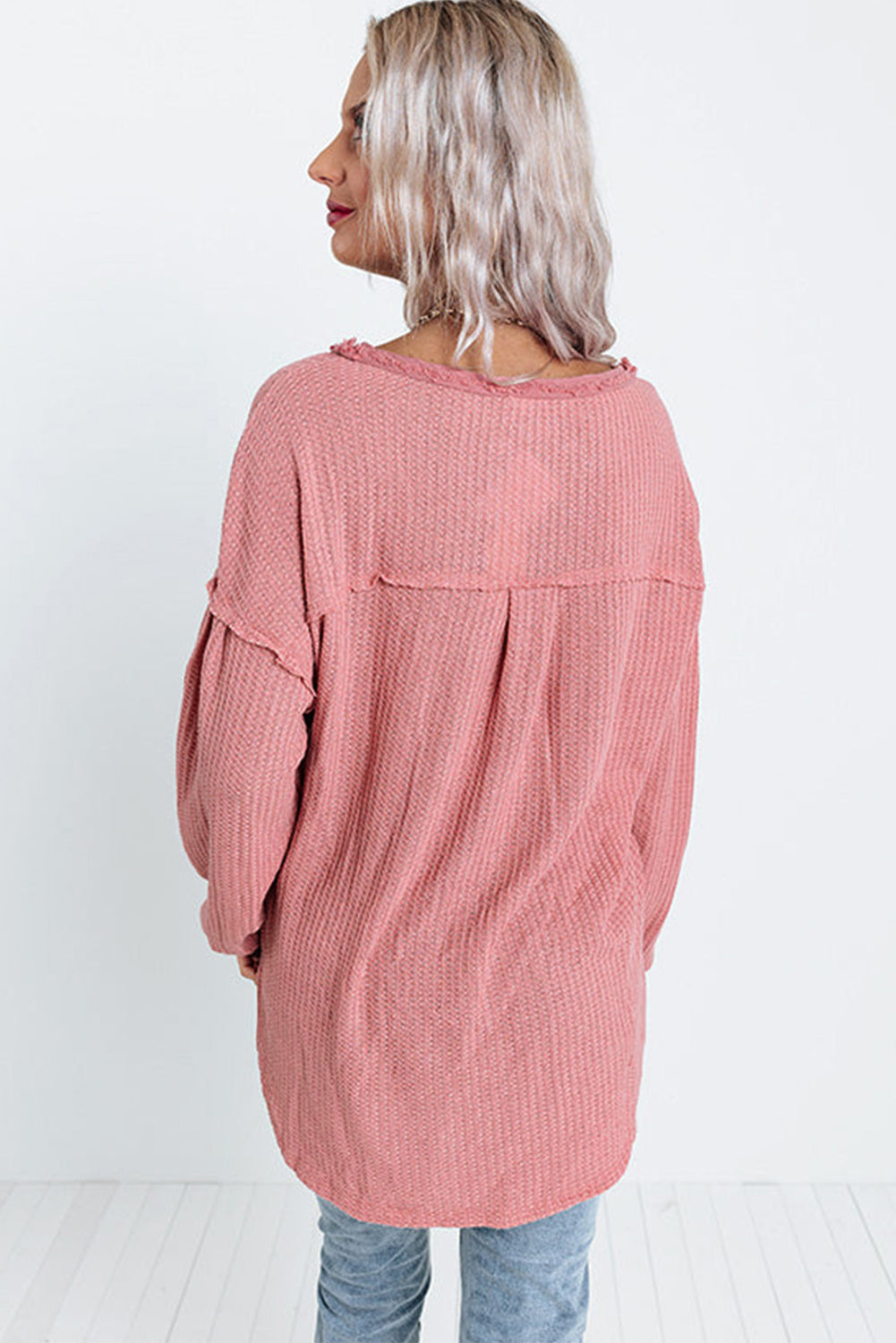 Pink Frayed Patchwork Waffle Knit Top