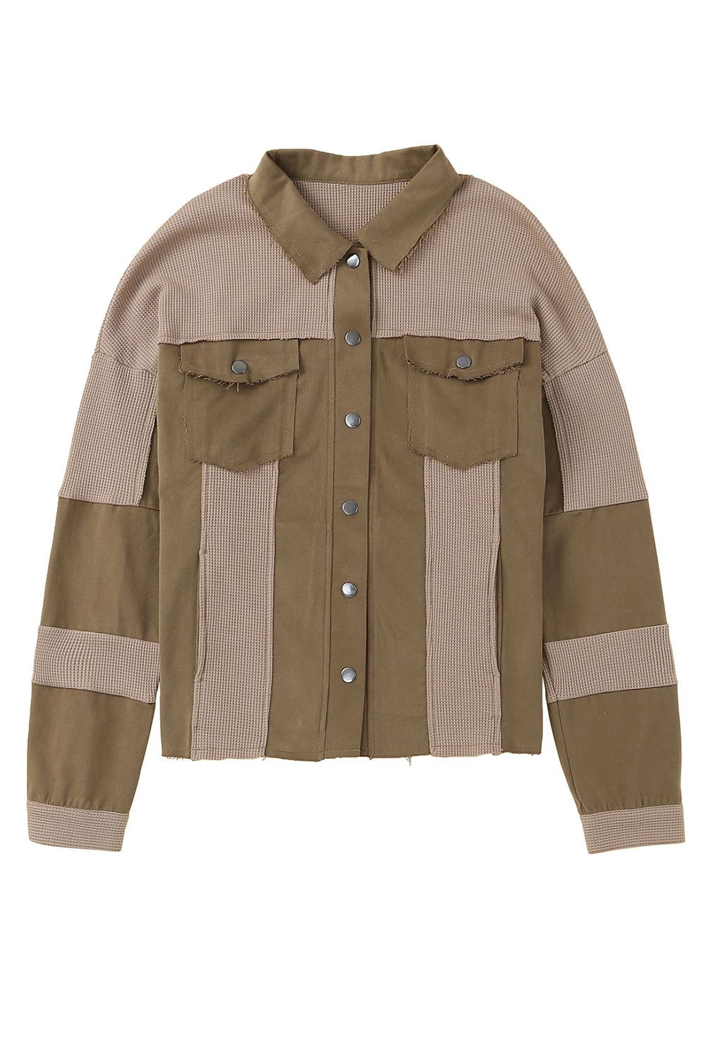 Brown Ripped Seam Detail Button Up Waffle Knit Jacket