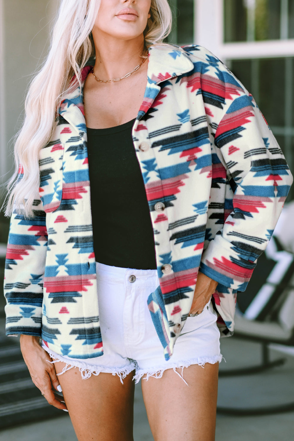 Multicolor Aztec Print Button-up Turn Down Collar Shacket