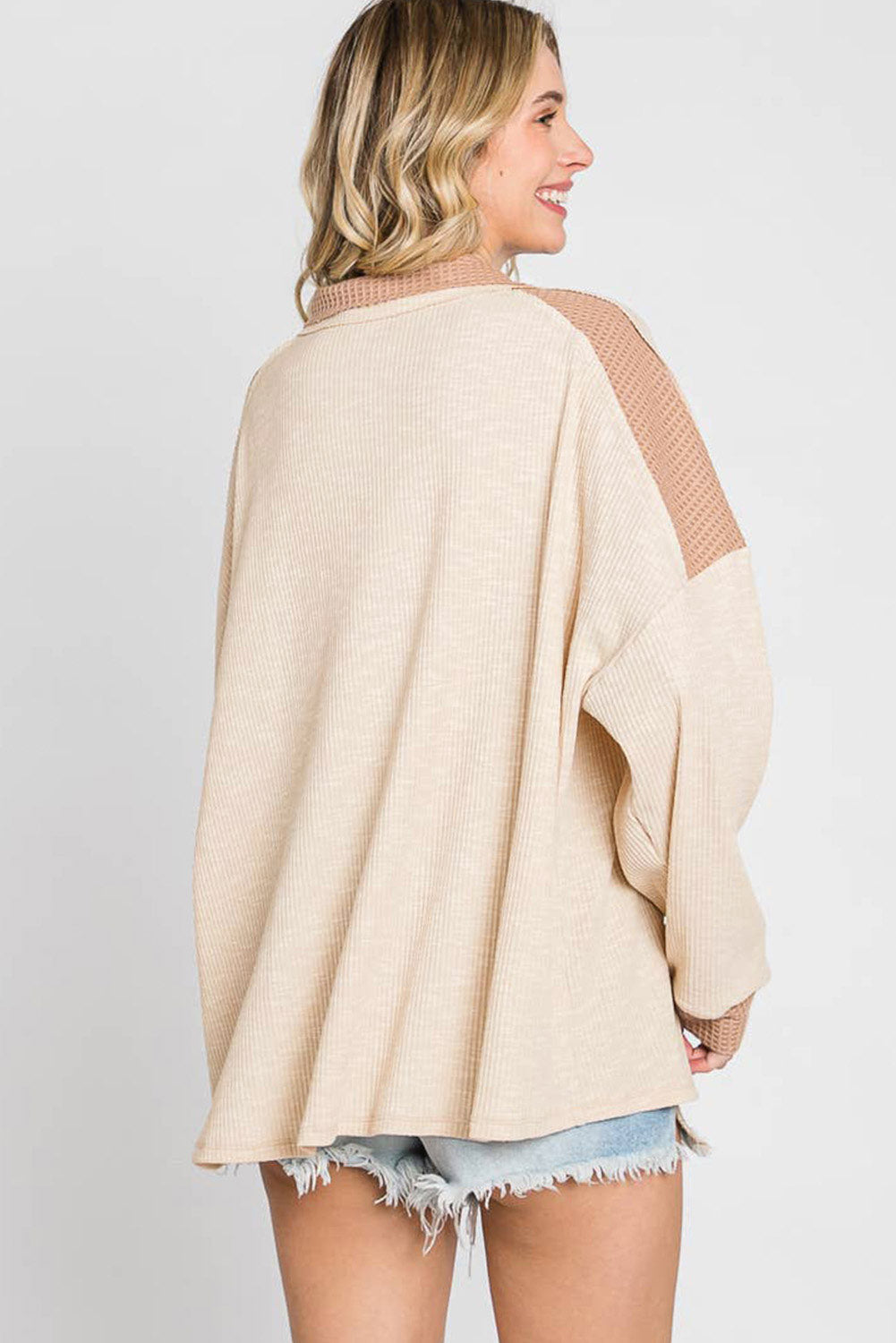 Apricot Oversized Knit Top With Waffle Contrast