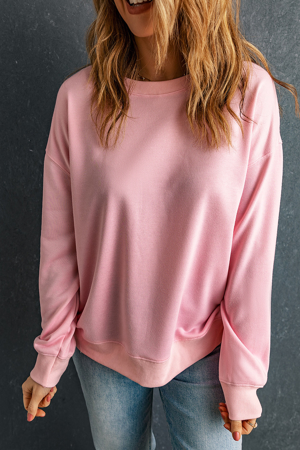 Pink Plain Crew Neck Pullover Sweatshirt