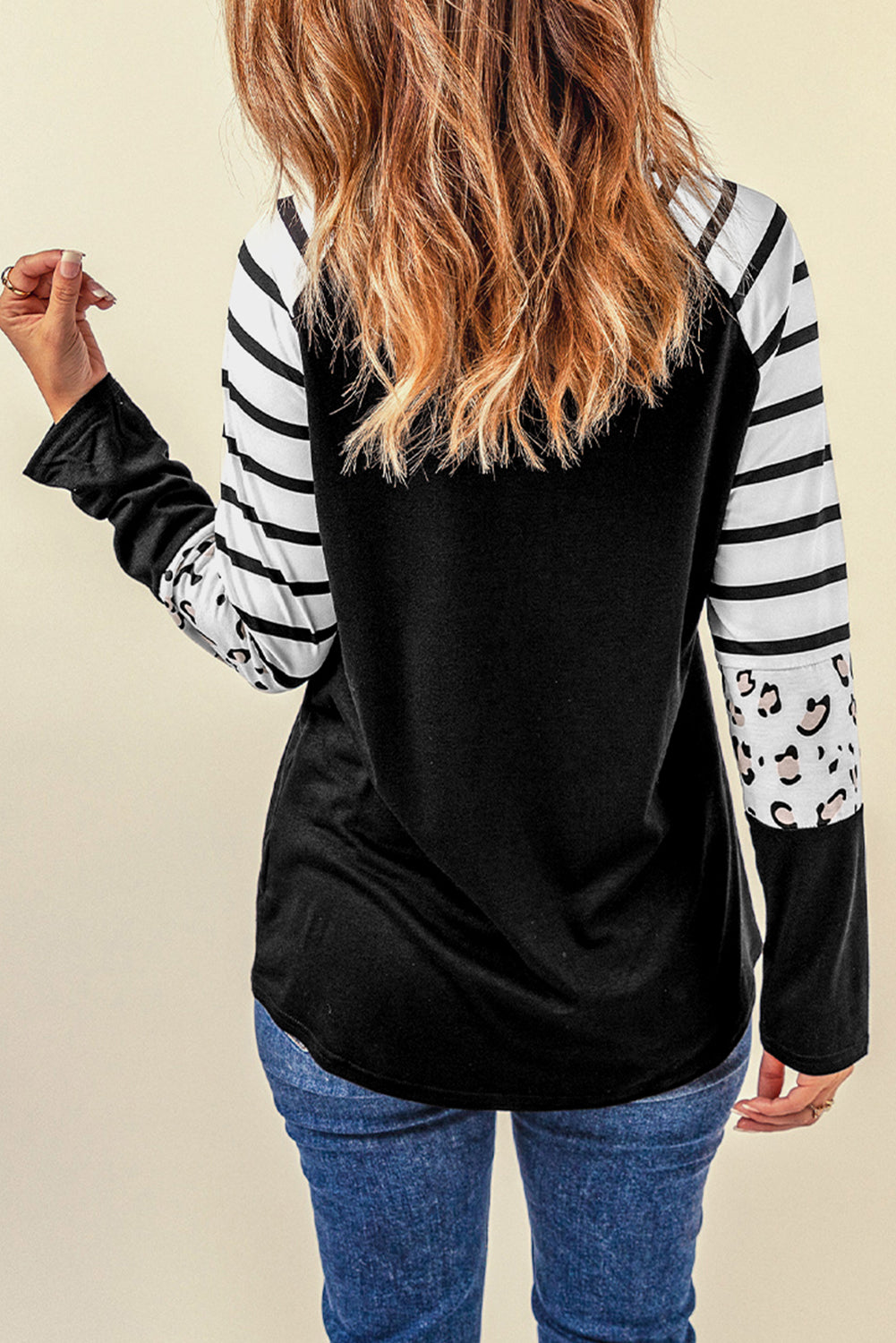 Black Striped Animal Print Colorblock Long Sleeve Top