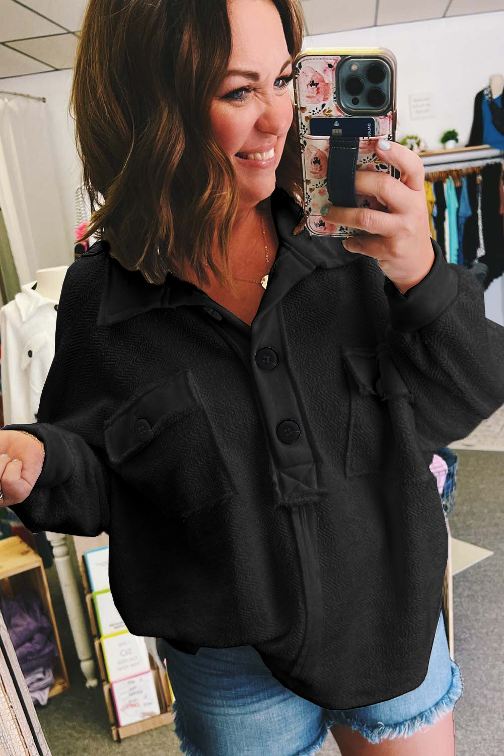 Black Plus Size Long Sleeve Flap Pocket Henley Top