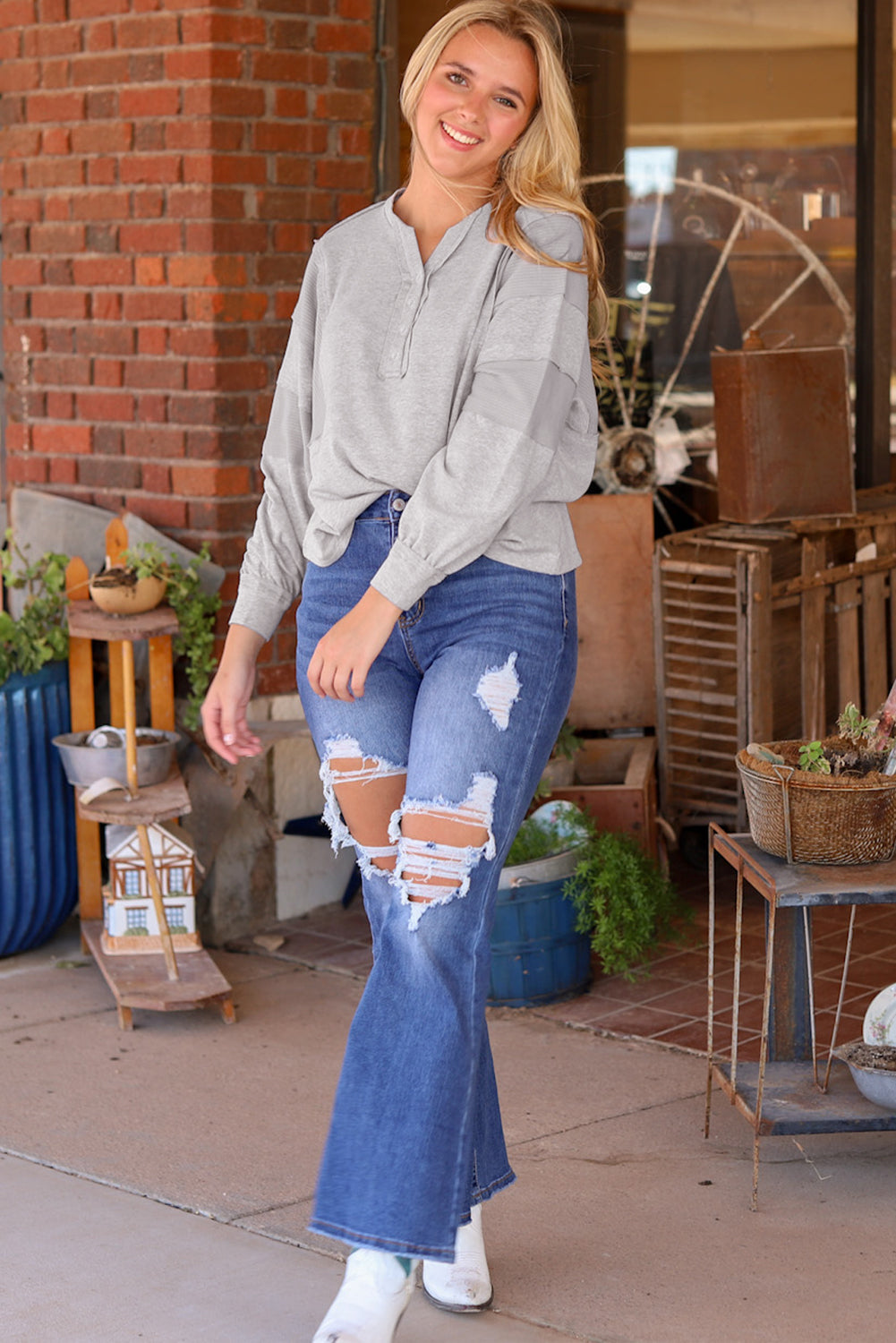 Gray Waffle Patchwork Dolman Sleeve Henley Top