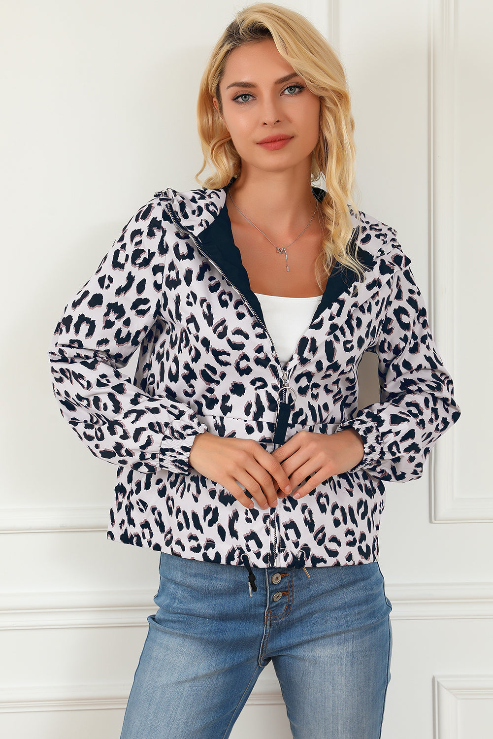 Leopard Zip Up Collared Hooded Windbreaker