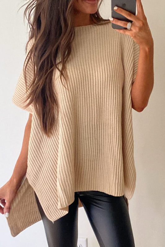 Apricot Short Sleeve Side Slit Oversized Sweater