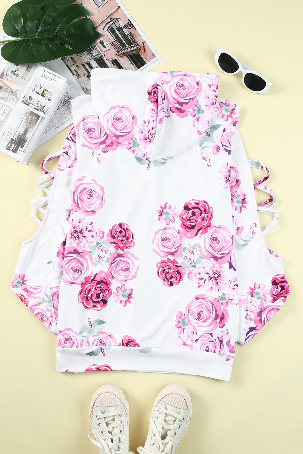 White Floral Print Criss-Cross Cold Shoulder Hoodie