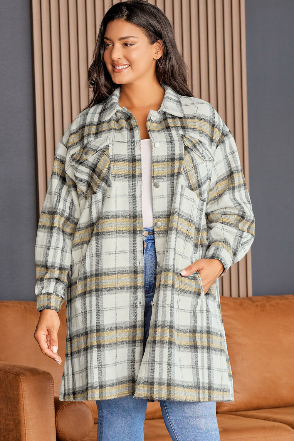 Multicolor Plus Size Plaid Pocketed Side Slit Shacket